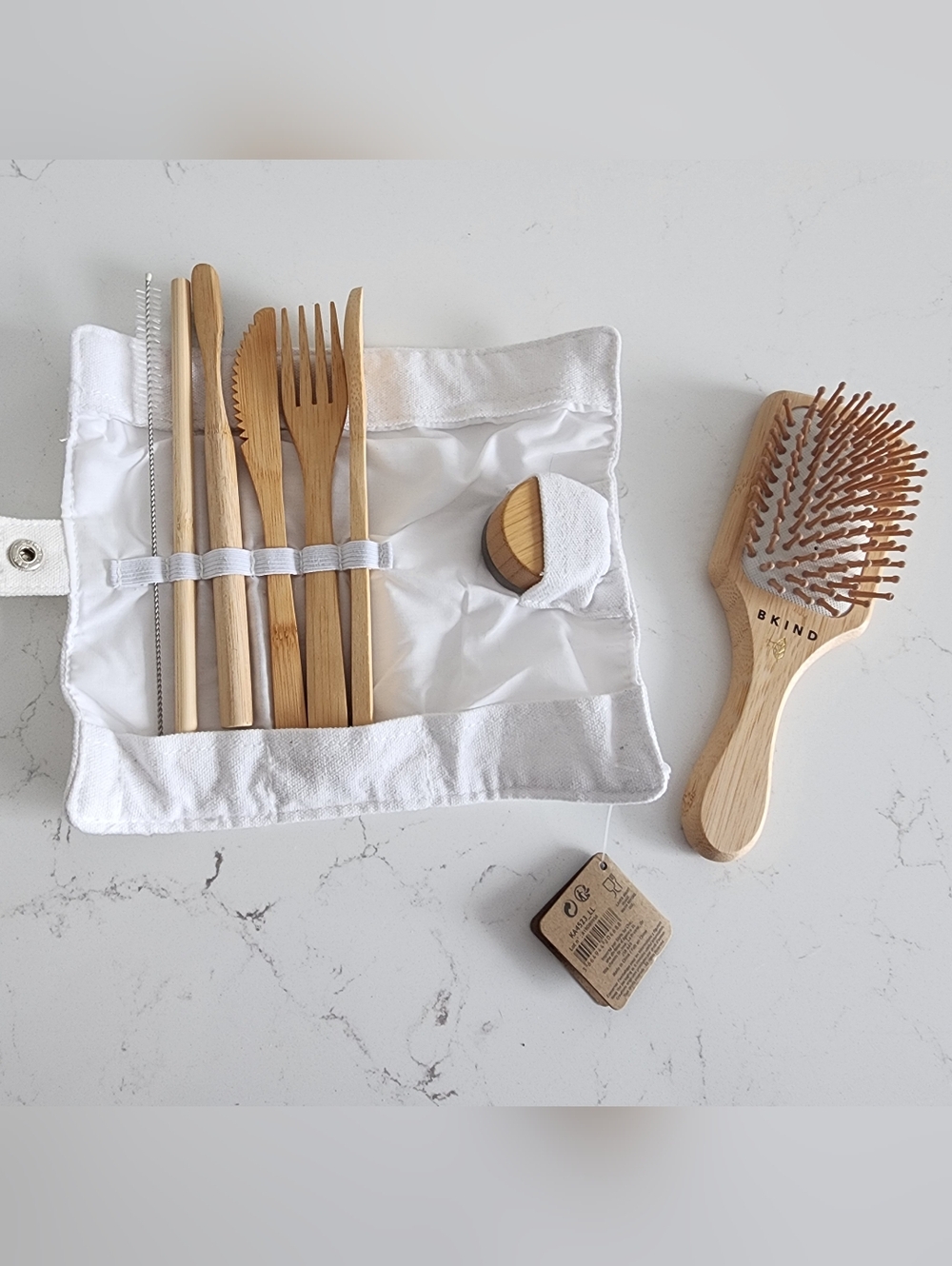 Eco Friendly Traveling Kit - Bamboo Paddle Hair Brush & NEW Cutlery Set